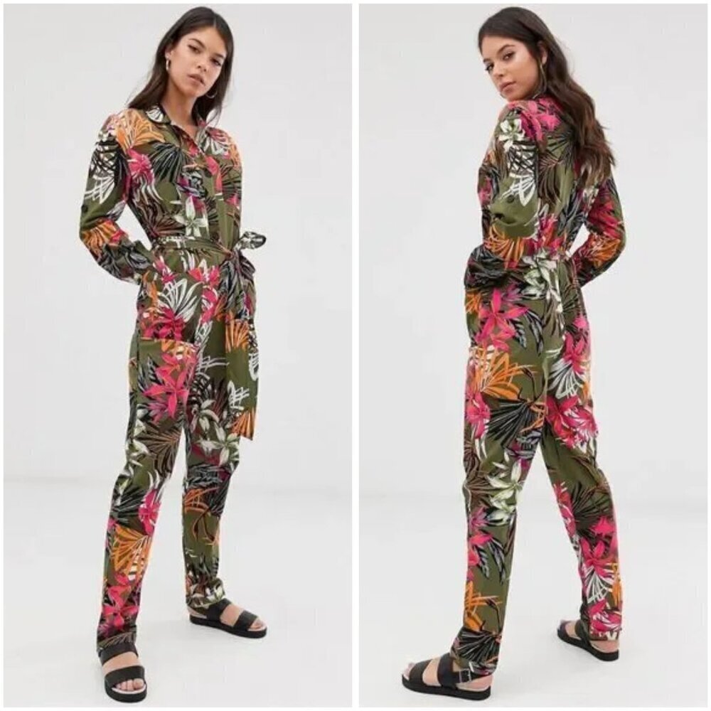 ASOS Long Sleeve Utility Tropical Print Jumpsuit Size 6 - Picture 2 of 6